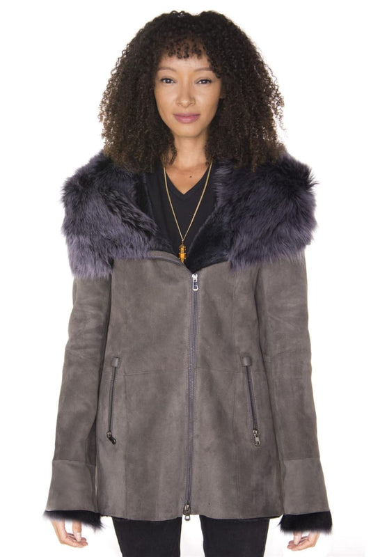 WOMENS GREY SUEDE HOODED MERINO SHEEPSKIN COAT-MONROVIA