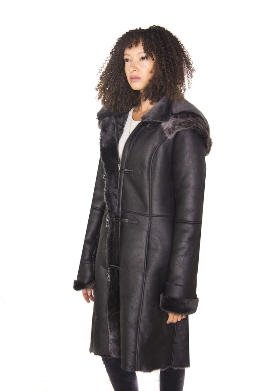 WOMENS BLACK SHEEPSKIN HOODED DUFFLE COAT-OTTAWA