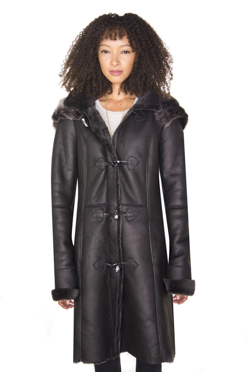 WOMENS BLACK SHEEPSKIN HOODED DUFFLE COAT-OTTAWA