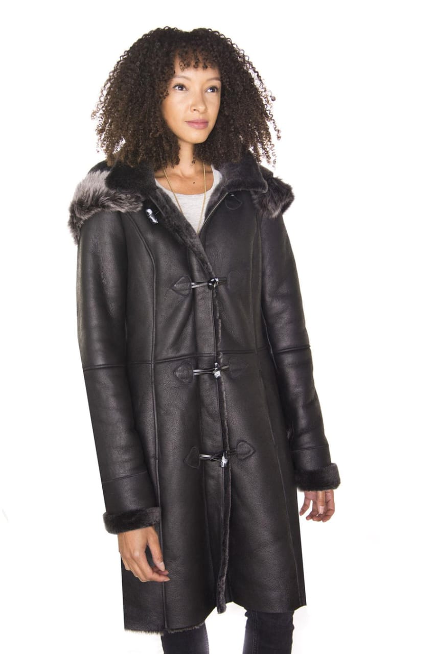 WOMENS BLACK HOODED MERINO SHEEPSKIN JACKET-MANDALAY