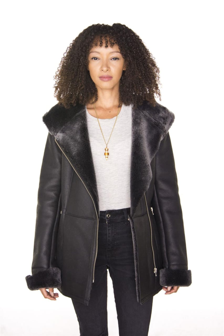 WOMENS BLACK HOODED MERINO SHEEPSKIN JACKET-MANDALAY