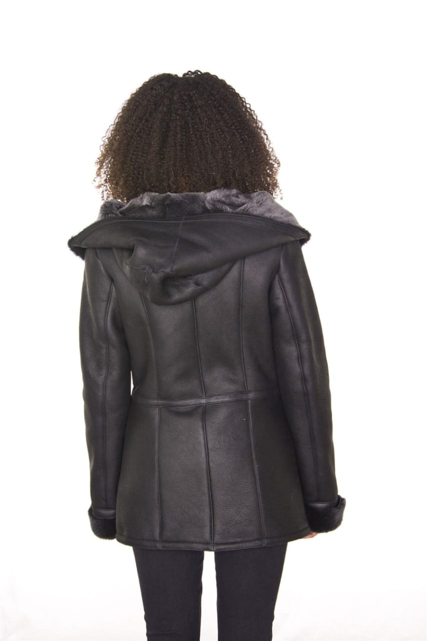 WOMENS BLACK HOODED MERINO SHEEPSKIN JACKET-MANDALAY