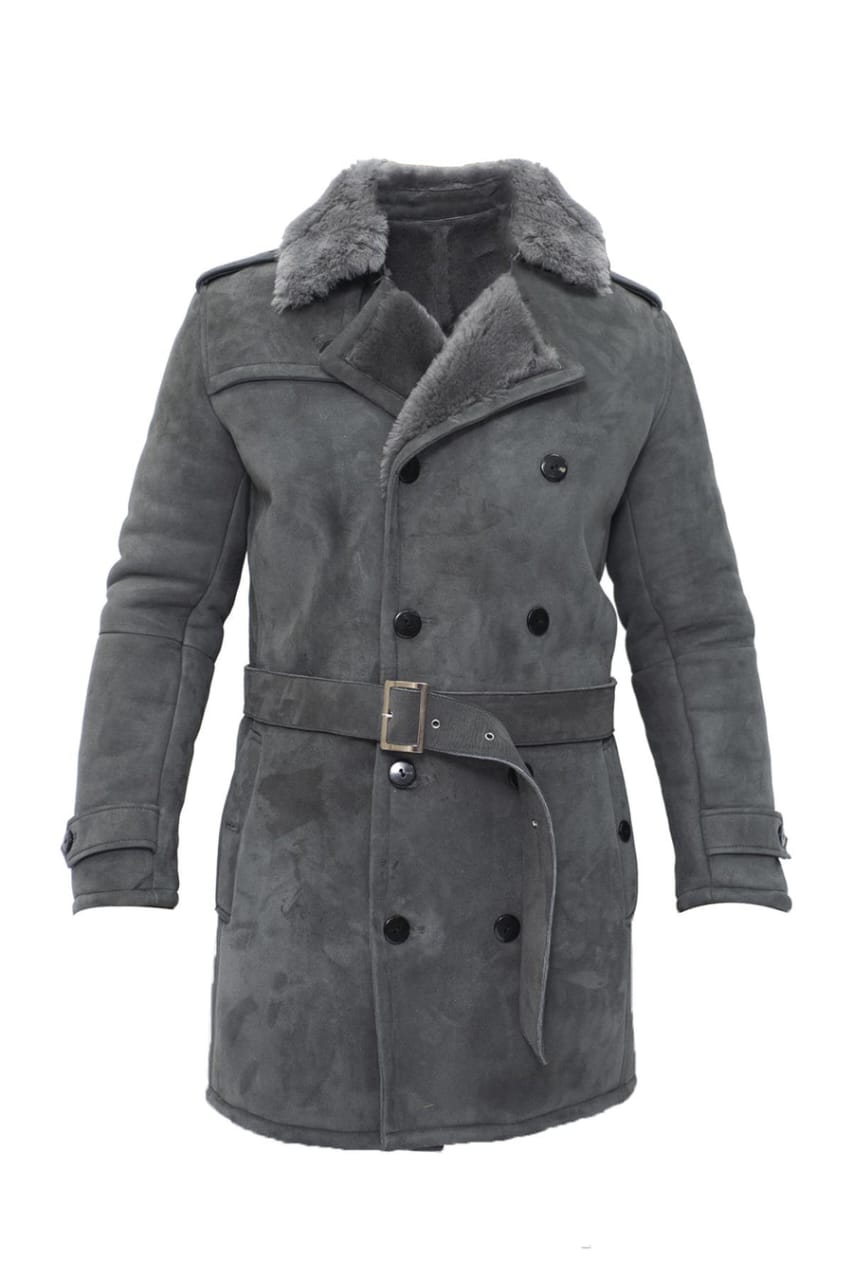 MENS SHEARLING SHEEPSKIN SUEDE PEA COAT-CALI