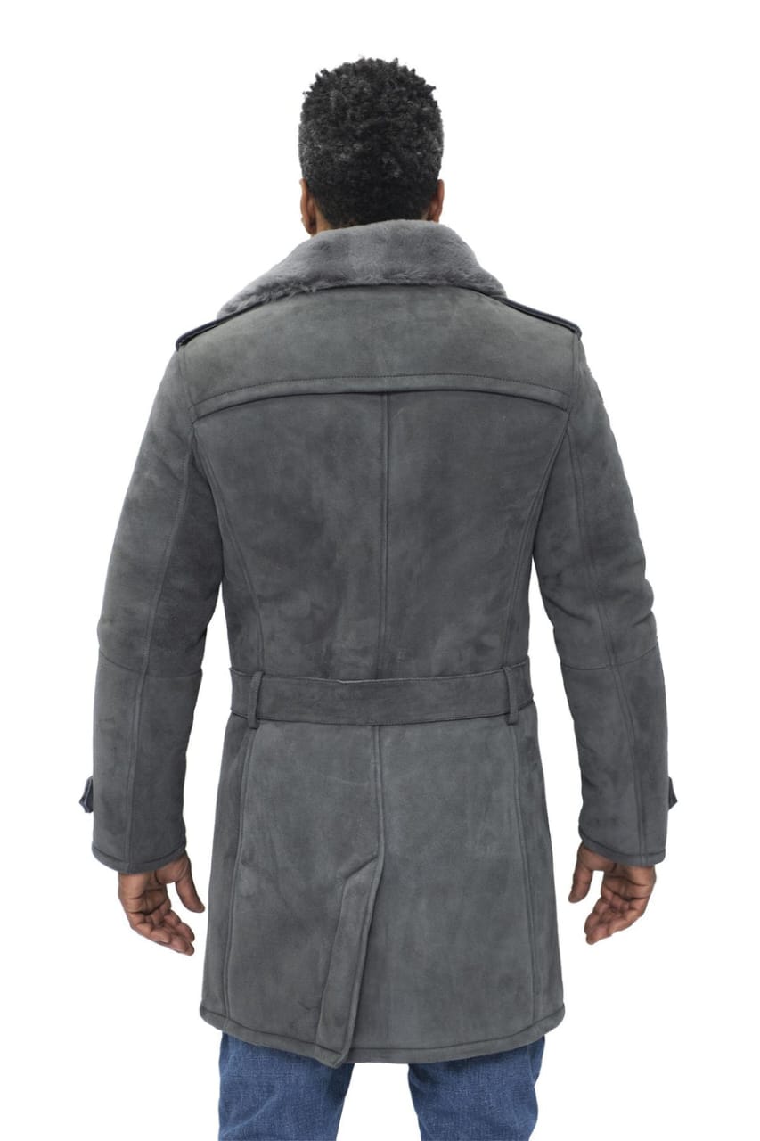 MENS SHEARLING SHEEPSKIN SUEDE PEA COAT-CALI