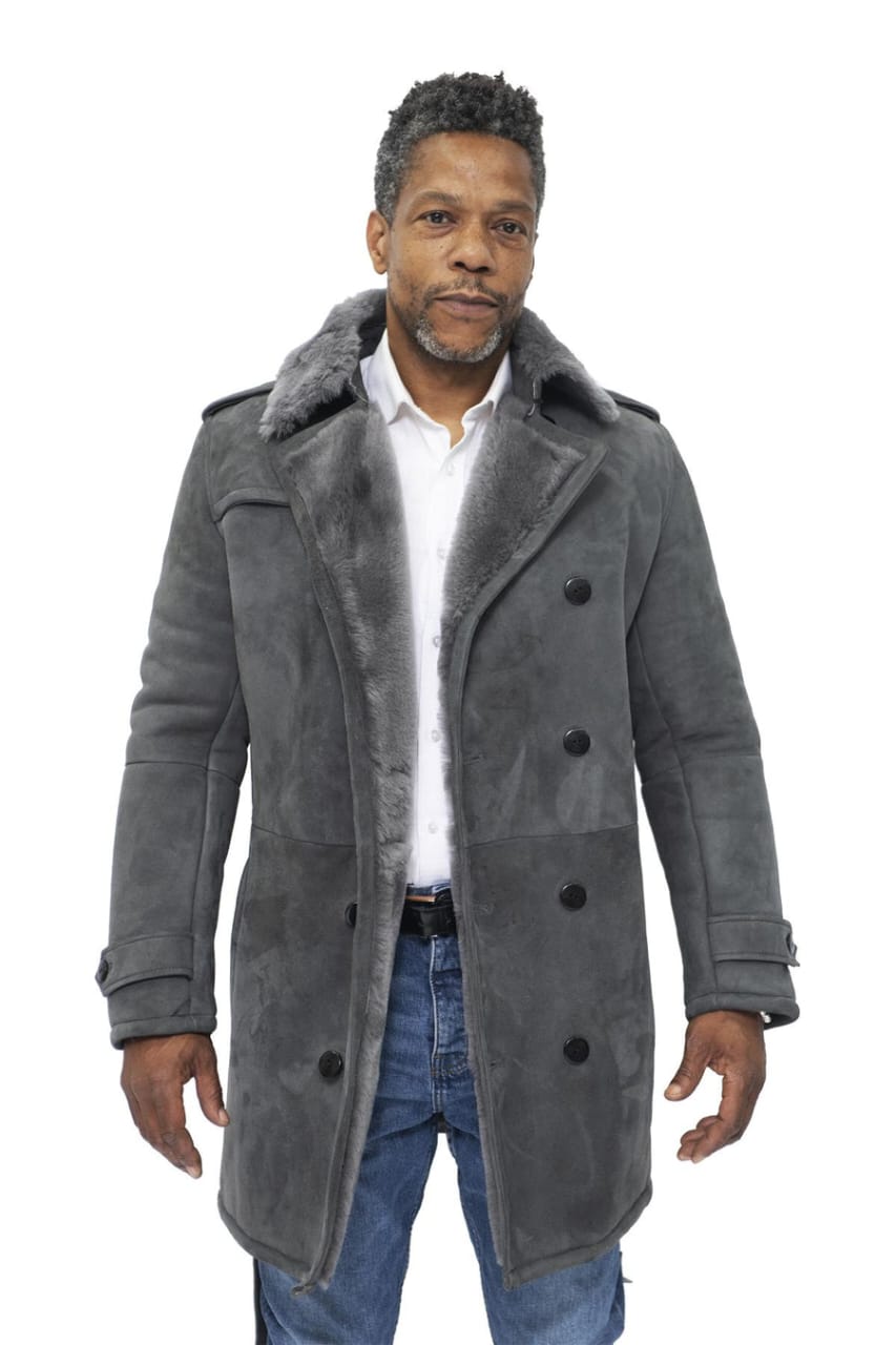 MENS SHEARLING SHEEPSKIN SUEDE PEA COAT-CALI